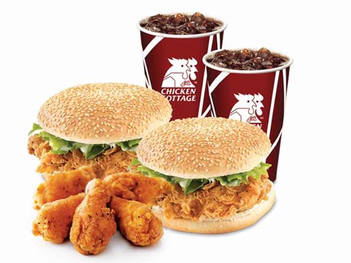 Two Crispy Cottage Burgers with wings and two drinks