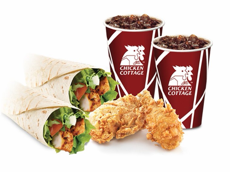 Two Crispy Cottage Wraps with chicken pieces and two drinks